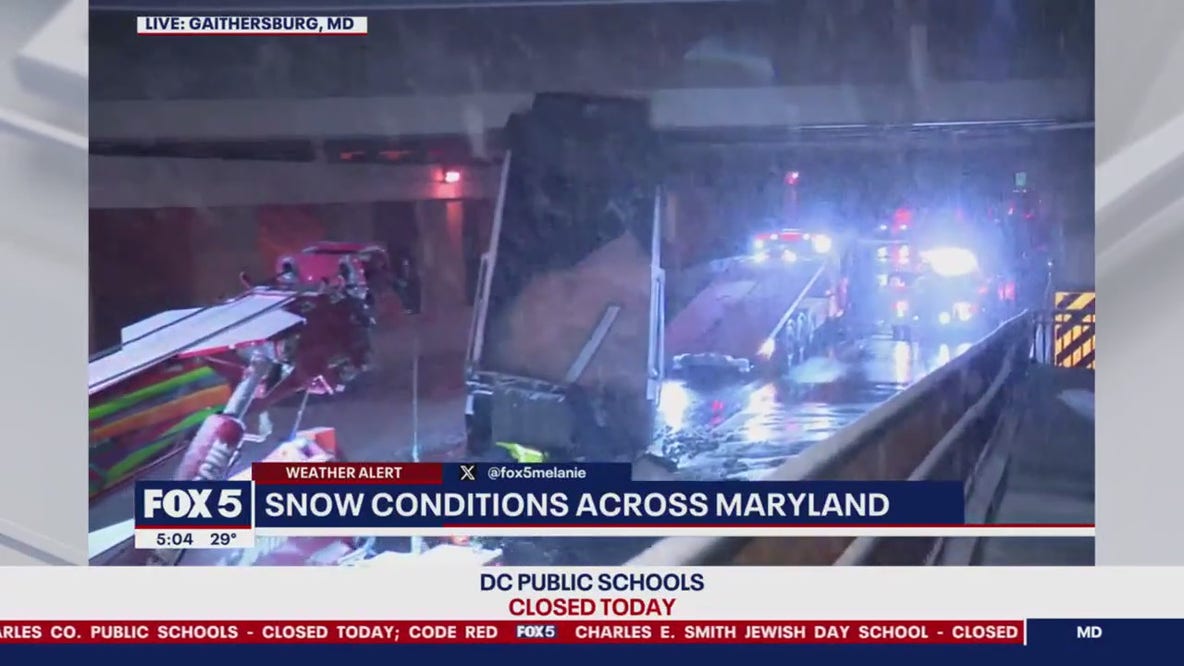 Flatbed truck slams overpass in Gaithersburg